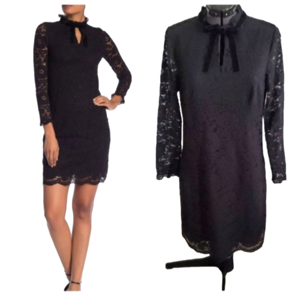 Nanette Lepore Sheath Dress 14 Black Lace Long Sleeve Bow Romantic Career Party